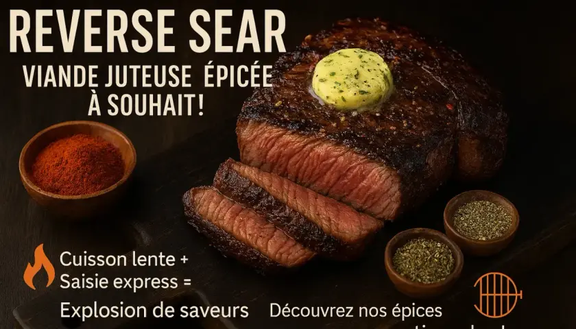 Un steak juteux, coupé en tranches, avec du beurre à l'ail et des épices. Le persillage de la viande est visible, promettant une explosion de saveurs.