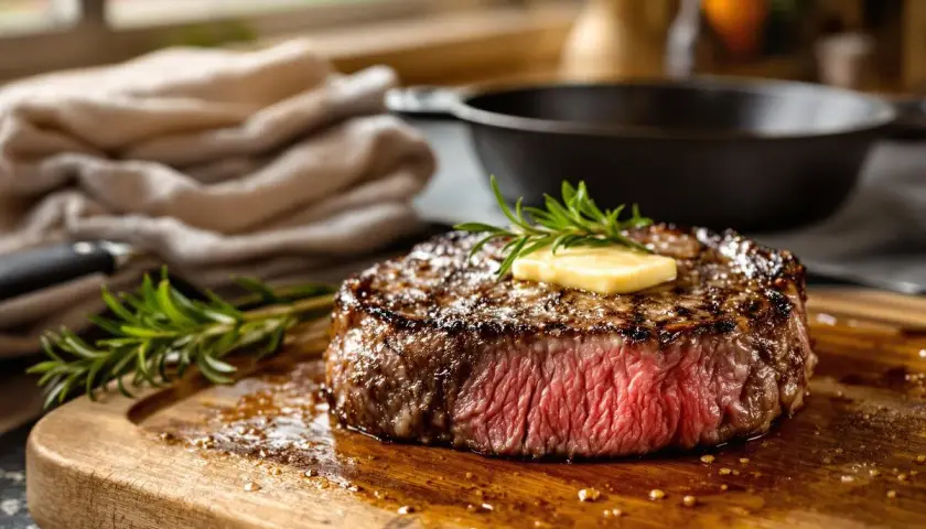 Un steak de bœuf juteux, parfaitement grillé au barbecue, avec une touche de beurre fondant et une branche de romarin sur une planche en bois.