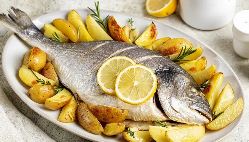 Dorade au barbecue à la portugaise, entière, dorée et savoureuse, accompagnée de pommes de terre rôties et de rondelles de citron.