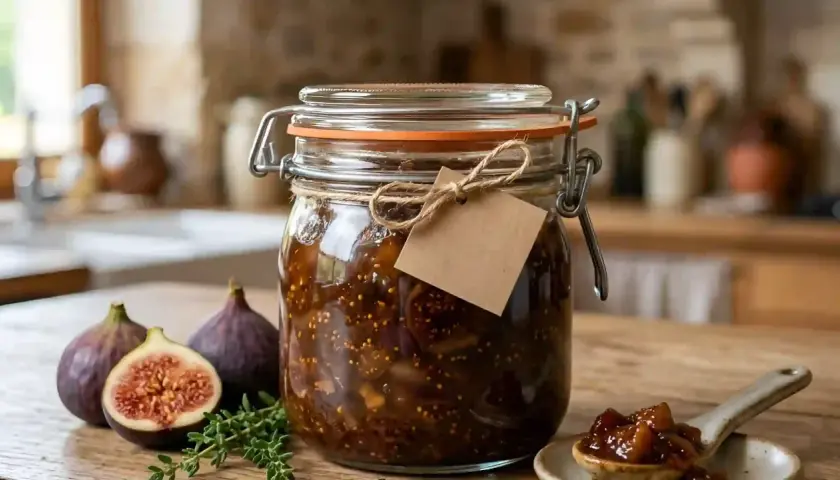 Un bocal de chutney de figues maison, avec des figues fraîches et du thym sur une table en bois.