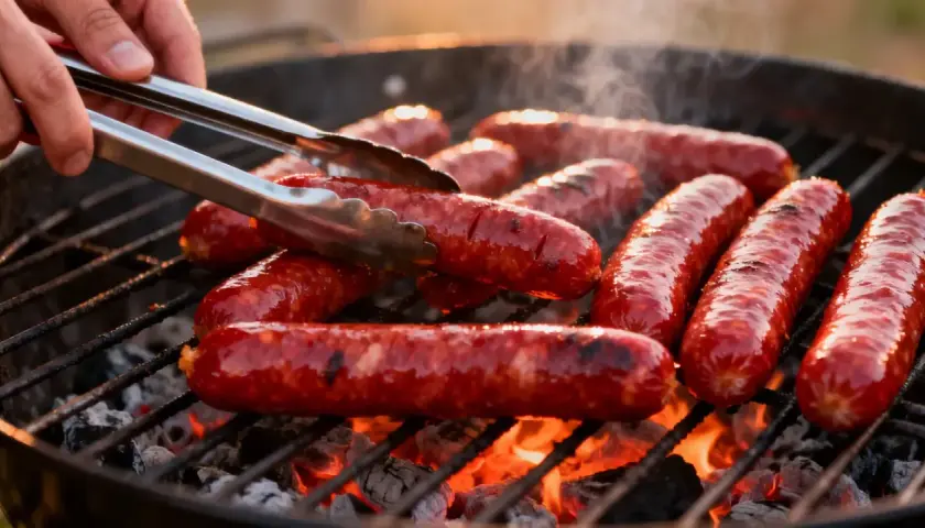 Des merguez juteuses grésillent sur un barbecue, dégageant une fumée alléchante. Un geste expert les retourne avec des pinces pour une cuisson parfaite.
