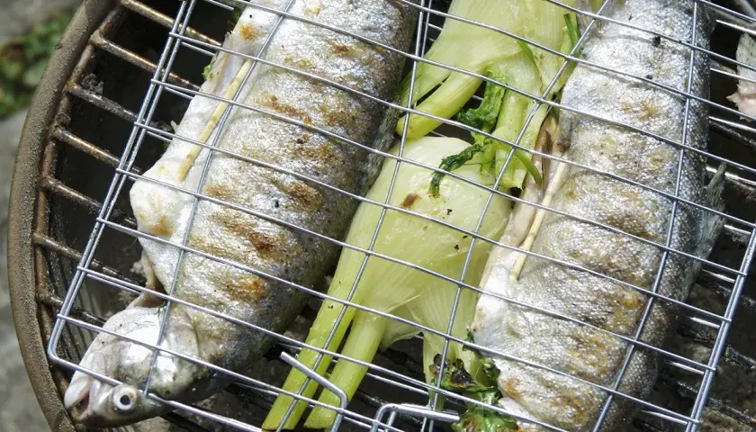 Trois truites entières sur un grill, accompagnées de fenouil, prêtes pour une recette truite barbecue.