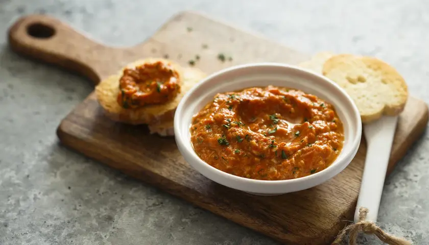 Un bol de poivronade, une recette méditerranéenne savoureuse, servi avec des toasts sur une planche en bois.