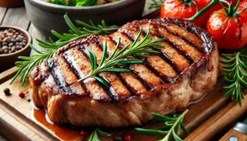 Un savoureux steak grillé, parfait pour une cuisson indirecte au barbecue, garni de romarin frais. Accompagné de tomates et d'une salade verte.