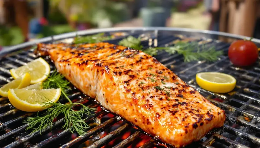 Un magnifique saumon entier au barbecue, grillé à la perfection, avec des quartiers de citron et de l'aneth.