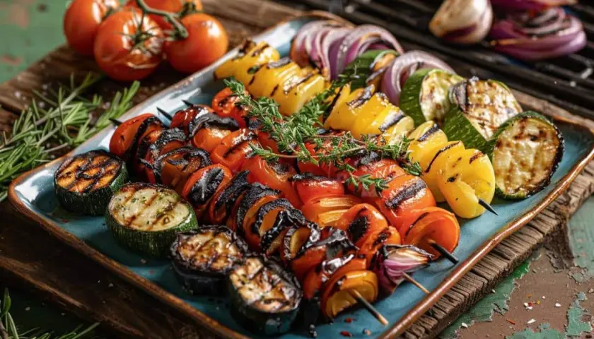 Brochettes de légumes grillés, tomates, courgettes, poivrons jaunes et oignons rouges, parfaits pour un brasero.