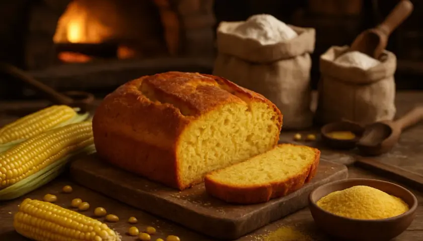 Un pain au maïs doré, coupé en tranche, est présenté avec des épis de maïs frais et de la farine. Un feu de cheminée réchauffe la scène.