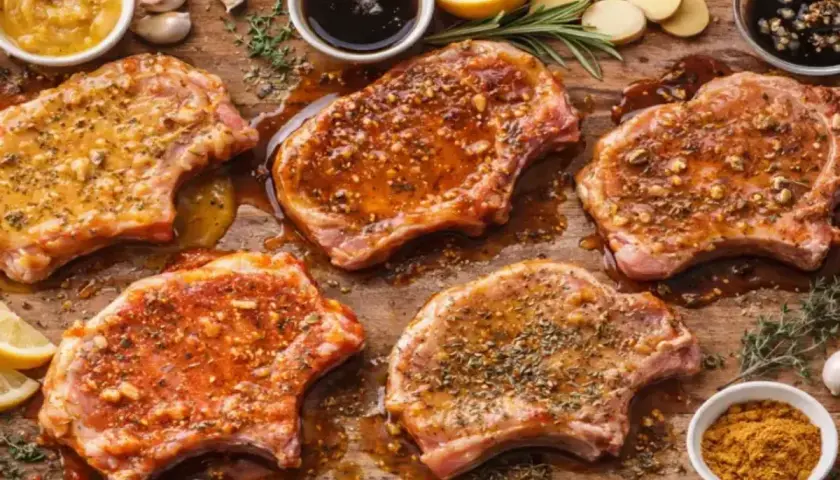 Cinq côtelettes de porc crues, prêtes pour la cuisson, sont disposées sur une planche en bois. Elles sont généreusement recouvertes d'une marinade savoureuse, avec des herbes et des épices. Autour, on trouve des ingrédients pour la marinade : moutarde,...