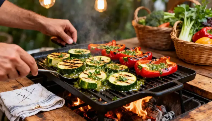 Courgettes et poivrons rouges grillés sur une plancha, un délicieux accompagnement plancha aux herbes fraîches.