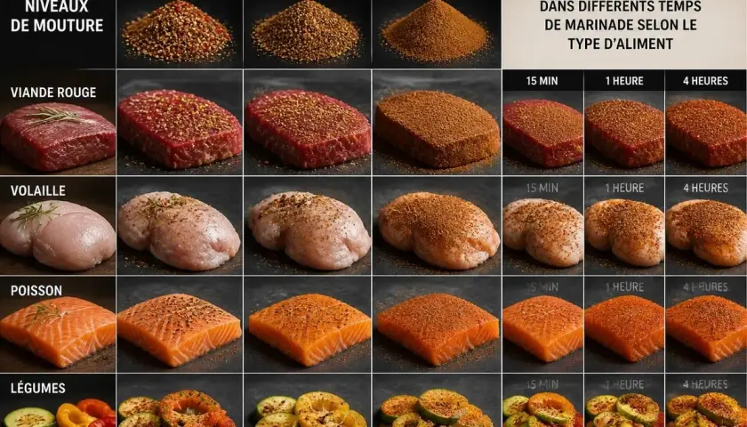 Différents aliments (viande, volaille, poisson, légumes) marinés avec un mélange 4 épices de mouture fine, moyenne ou grossière, montrant la diffusion de la marinade.