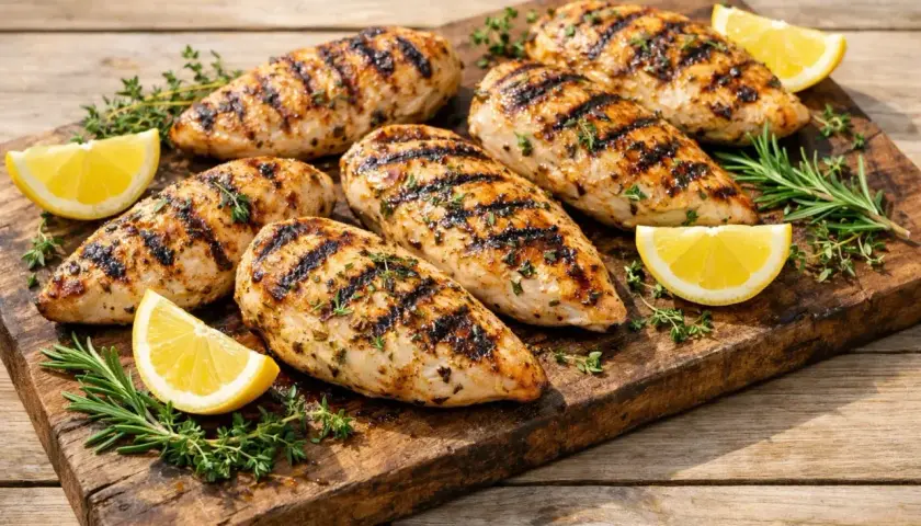 Poitrines de poulet grillées, garnies d'herbes et de quartiers de citron. La meilleure marinade poulet citron pour un repas savoureux.