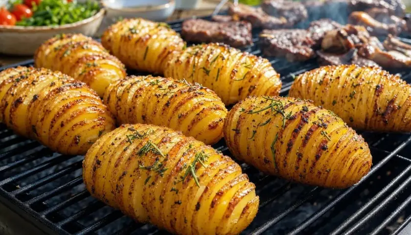 Pommes de terre hasselback dorées et savoureuses sur le barbecue, parsemées d'herbes fraîches. Un délice pour accompagner vos grillades.