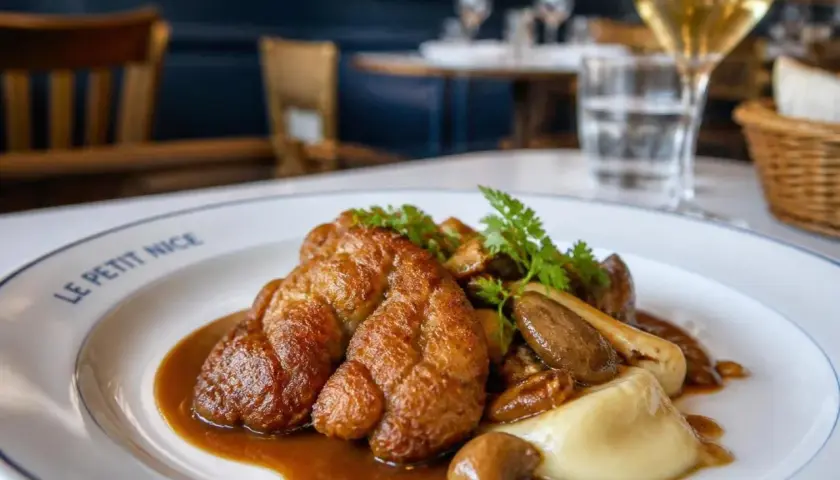 Un plat de ris de veau doré, servi avec une purée onctueuse, des champignons et une sauce savoureuse. Un délice pour les gourmands.