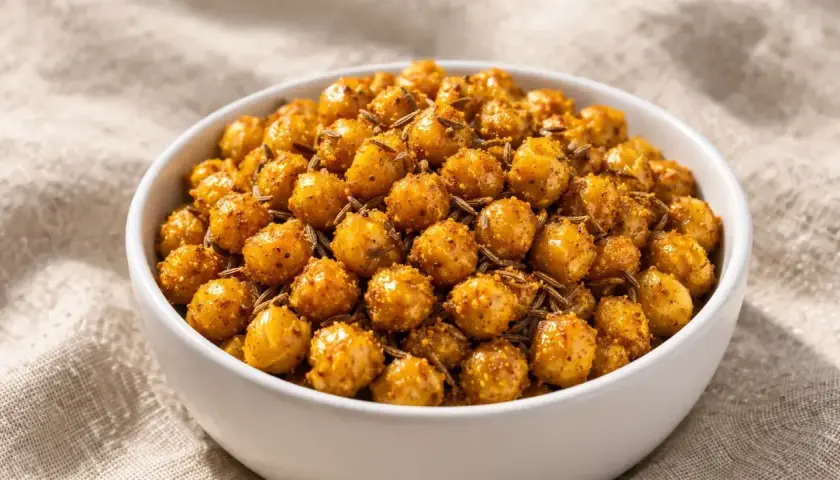 Un bol de pois chiche grillé, croustillants et épicés, parsemés de graines de cumin. Un snack sain et savoureux.