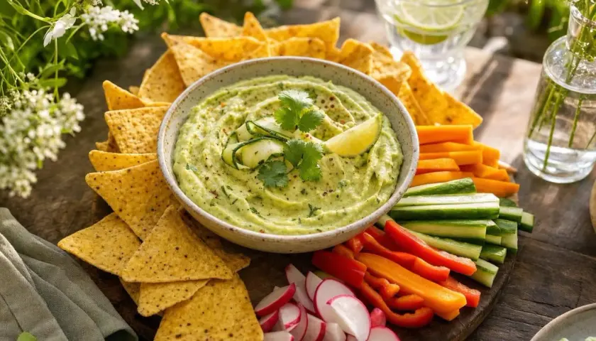 Un délicieux guacamole de courgettes, servi avec des tortillas et des crudités colorées. Parfait pour un apéritif frais et sain.
