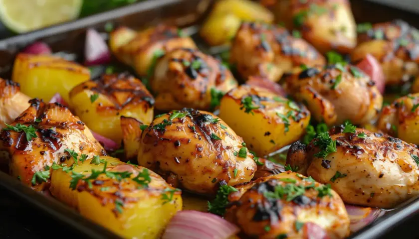 Poulet et pommes de terre grenaille au barbecue, parsemés de persil frais. Un plat savoureux prêt à être dégusté.