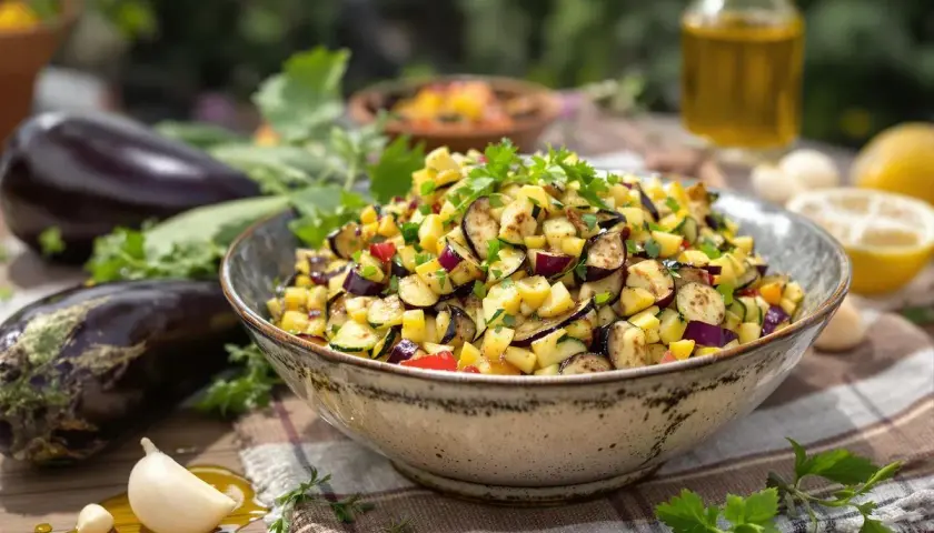 Un délicieux caviar de courgettes, coloré et frais, garni de persil. Des aubergines et des citrons sont disposés autour.