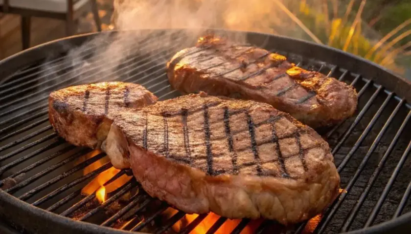 Deux picanhas de boeuf grillent sur un barbecue, dégageant une fumée appétissante. Les marques de grill sont parfaites.