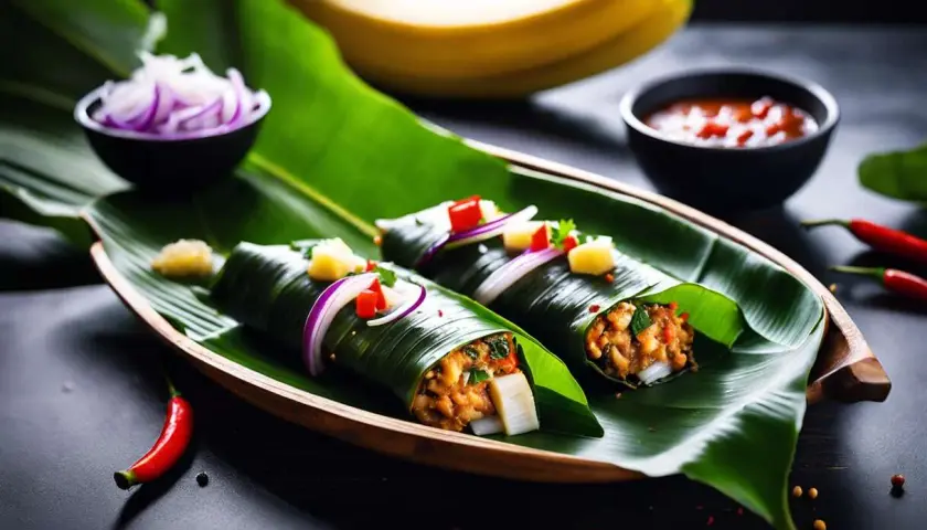 Deux rouleaux de riz et légumes, enveloppés dans une feuille de bananier, prêts pour la cuisson au barbecue. Garnis d'oignons rouges et de piments.