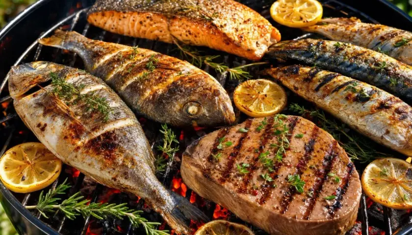 Dorades, saumon et steak grillés avec citrons et herbes. Parfait pour une recette marinade pour dorade au barbecue.