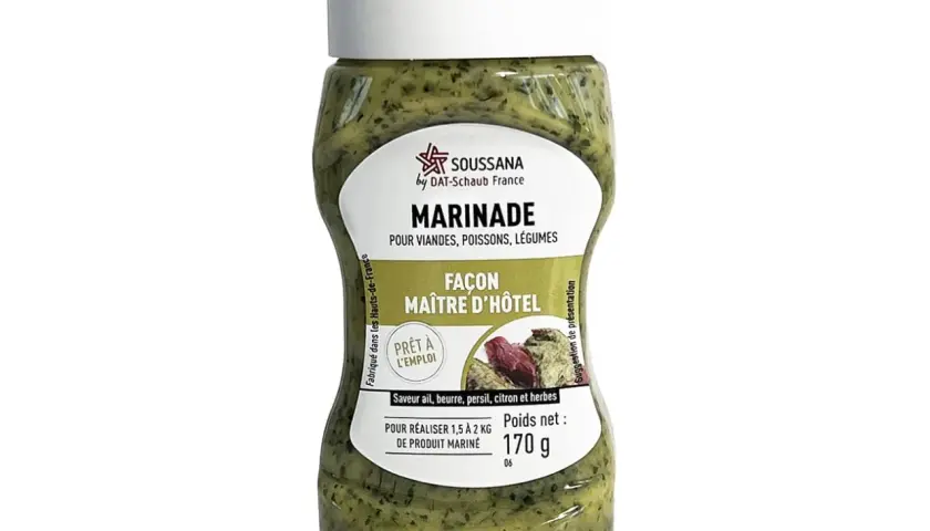 Bouteille de marinade Maître d'Hôtel prête à l'emploi, saveur ail, beurre, persil, citron et herbes. Idéale pour viandes, poissons et légumes.