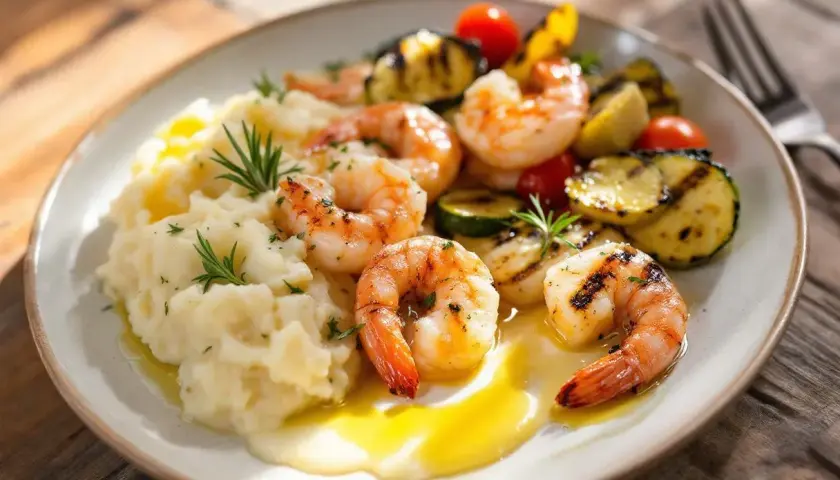Une assiette appétissante d'entrée avec gambas grillées, purée de pommes de terre crémeuse et légumes rôtis.