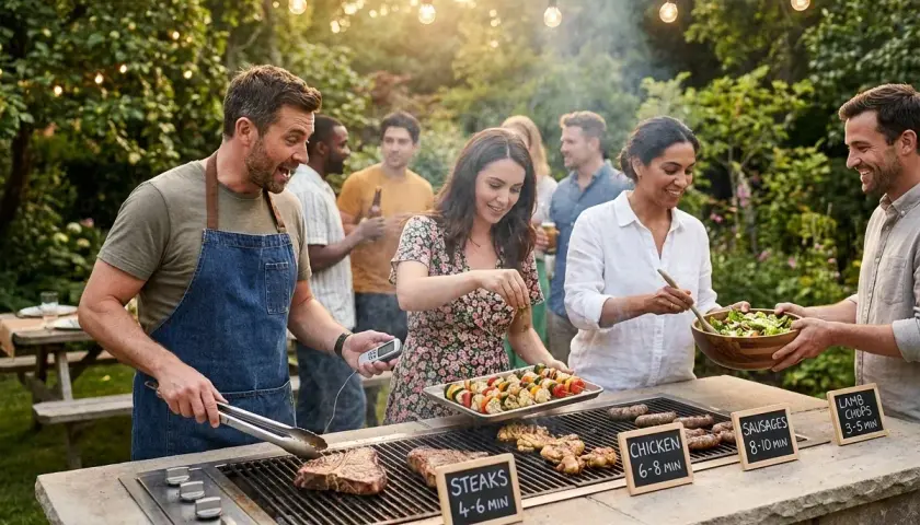 Ambiance estivale, amis réunis autour d'un barbecue gaz. Les indications de temps de cuisson barbecue gaz sont visibles : steaks, poulet, saucisses, côtelettes d'agneau.