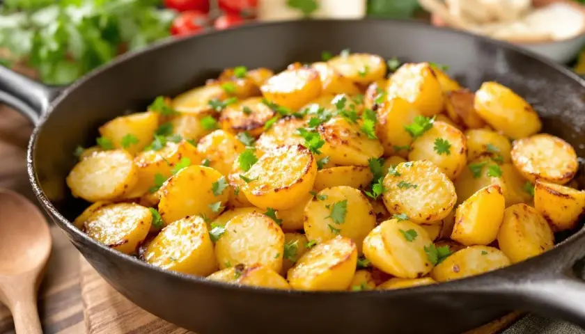 Pommes de terre coupées en deux, dorées et garnies de persil frais, servies dans une poêle en fonte. Un délice de pomme de terre plancha !