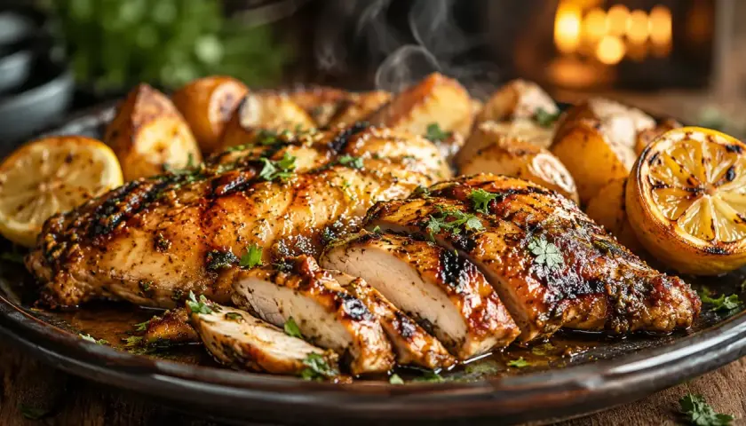 Poulet grillé, parfumé par une marinade savoureuse, servi avec des pommes de terre rôties et des quartiers de citron. Un délice qui évoque la brochette poulet parfaite.