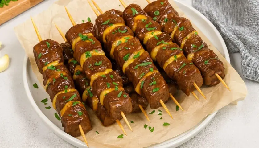 Plusieurs brochettes de bœuf et fromage, garnies de persil frais, sont présentées sur une assiette.