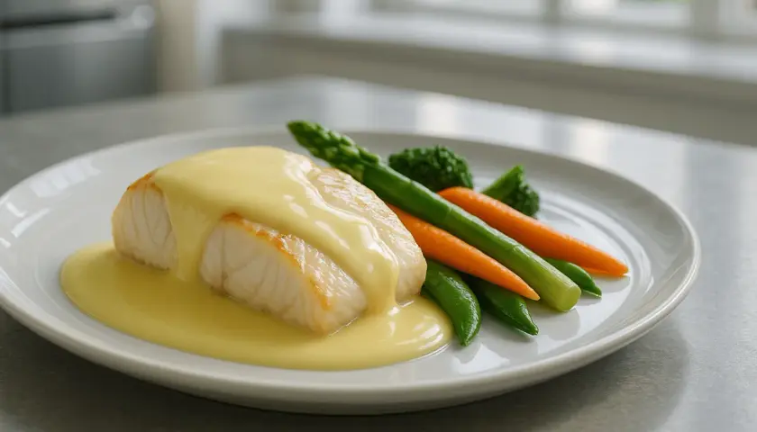 Filet de poisson nappé d'une sauce onctueuse, accompagné de légumes verts et carottes. Une recette beurre blanc qui fait saliver.