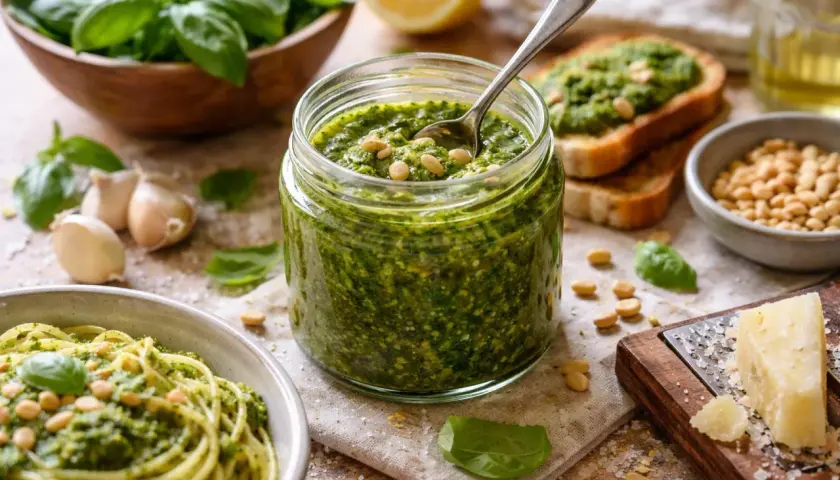 Un pot de pesto maison, prêt à être dégusté avec des pâtes ou sur du pain grillé. Une authentique pesto recette italienne.