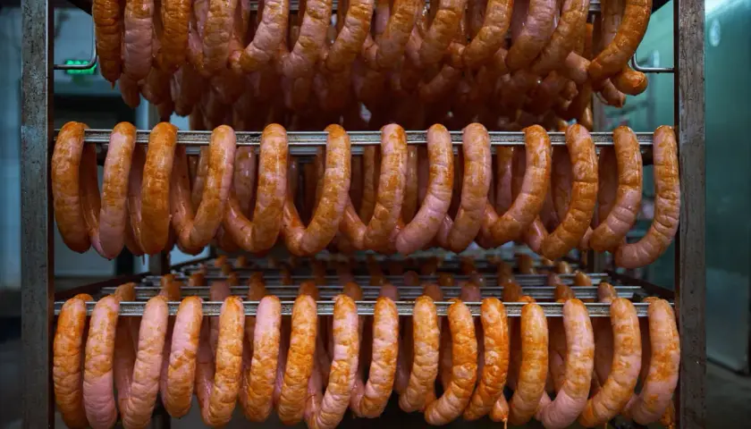 Des saucisses roses et orangées pendent en rangées sur des étagères métalliques, prêtes pour le processus de fumer des saucisses à froid.
