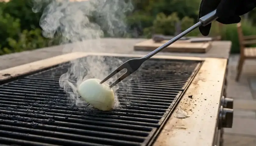 Une main gantée utilise une fourchette pour retourner un oignon sur un grill chaud, une astuce pour comment nettoyer un grill viande.