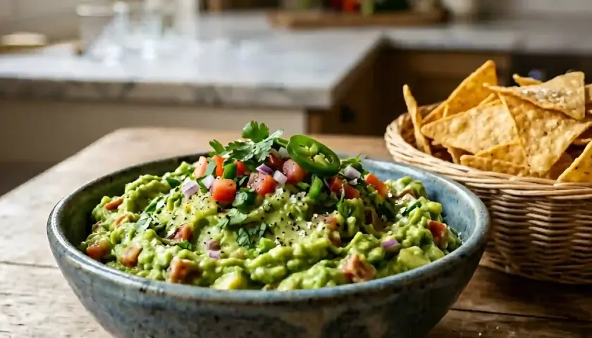 Un bol de guacamole frais, garni de tomates, oignons rouges, coriandre et jalapeño. Parfait pour une recette guacamole maison avec des chips tortilla à côté.