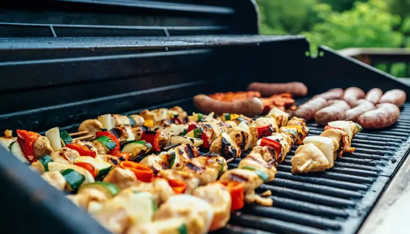 Brochettes de poulet et légumes, saucisses en train de cuire sur un barbecue à gaz.