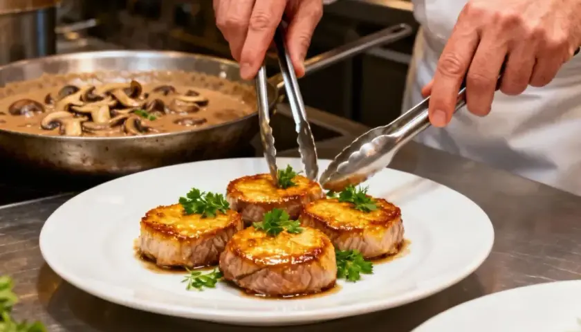 Un chef garnit des médaillons de bœuf sur le grill avec du persil. Une sauce aux champignons crémeuse est visible en arrière-plan.