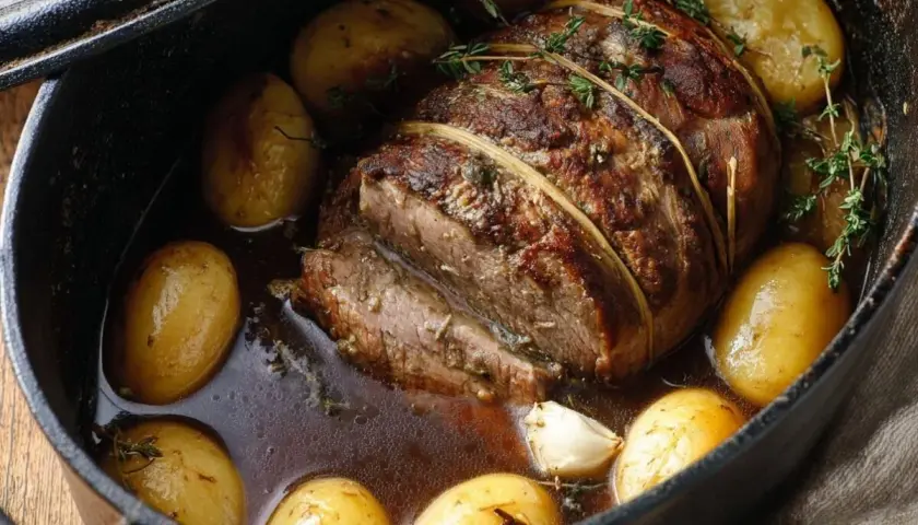 Un rôti de quasi de veau, lié à la ficelle, mijote dans une cocotte avec des pommes de terre et de l'ail.