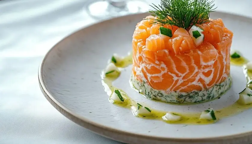 Tartare de saumon frais, délicatement préparé avec une touche de saumure, garni d'aneth et servi sur une assiette élégante.
