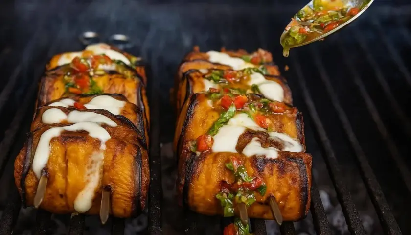 Aubergines grillées garnies de mozzarella fondante et d'une sauce tomate-basilic, parfaites pour un barbecue estival.