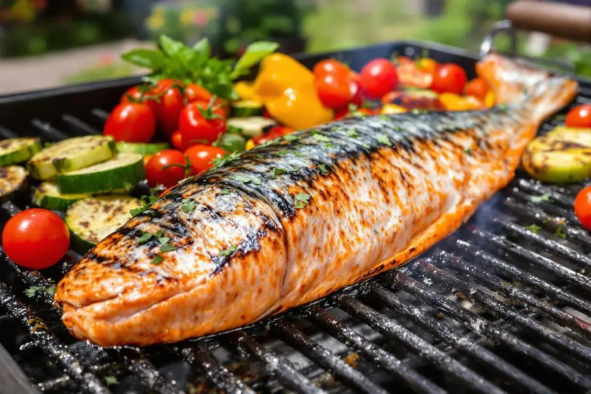 Un poisson entier, un beau sole au barbecue, cuit à la perfection avec des légumes grillés autour.