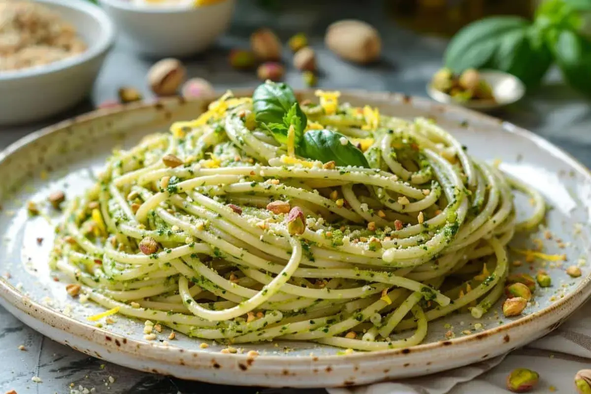 Spaghetti généreusement enrobés d'un pesto pistache vibrant, garni de pistaches concassées et d'une feuille de basilic frais.