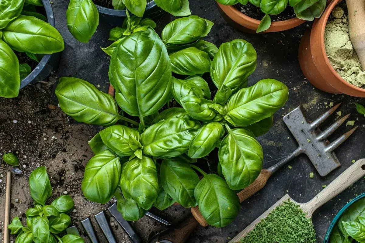 Plante de basilic luxuriante, prête à être récoltée. On imagine déjà le parfum en fumer du basilic pour un plat savoureux. Outils de jardinage à proximité.