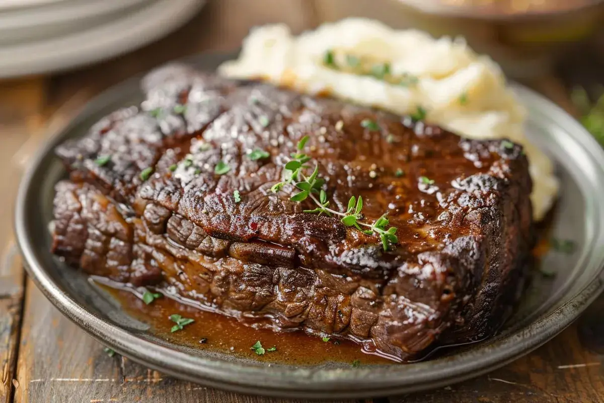 Un paleron de bœuf braisé, tendre et juteux, servi avec une purée de pommes de terre crémeuse et garni de thym frais. Un délice réconfortant.