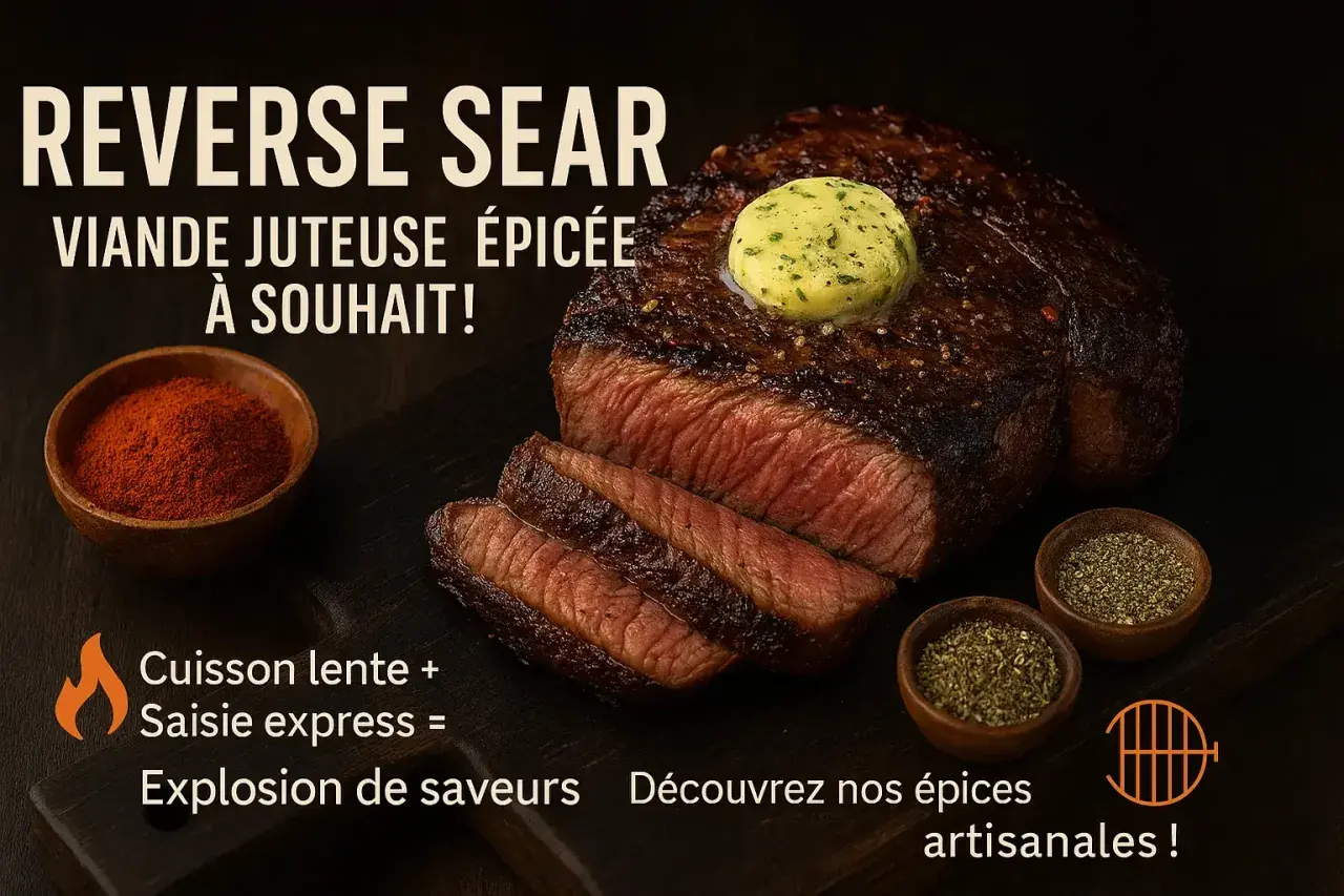 Un steak juteux, coupé en tranches, avec du beurre à l'ail et des épices. Le persillage de la viande est visible, promettant une explosion de saveurs.