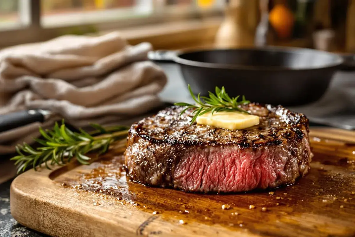 Un steak de bœuf juteux, parfaitement grillé au barbecue, avec une touche de beurre fondant et une branche de romarin sur une planche en bois.