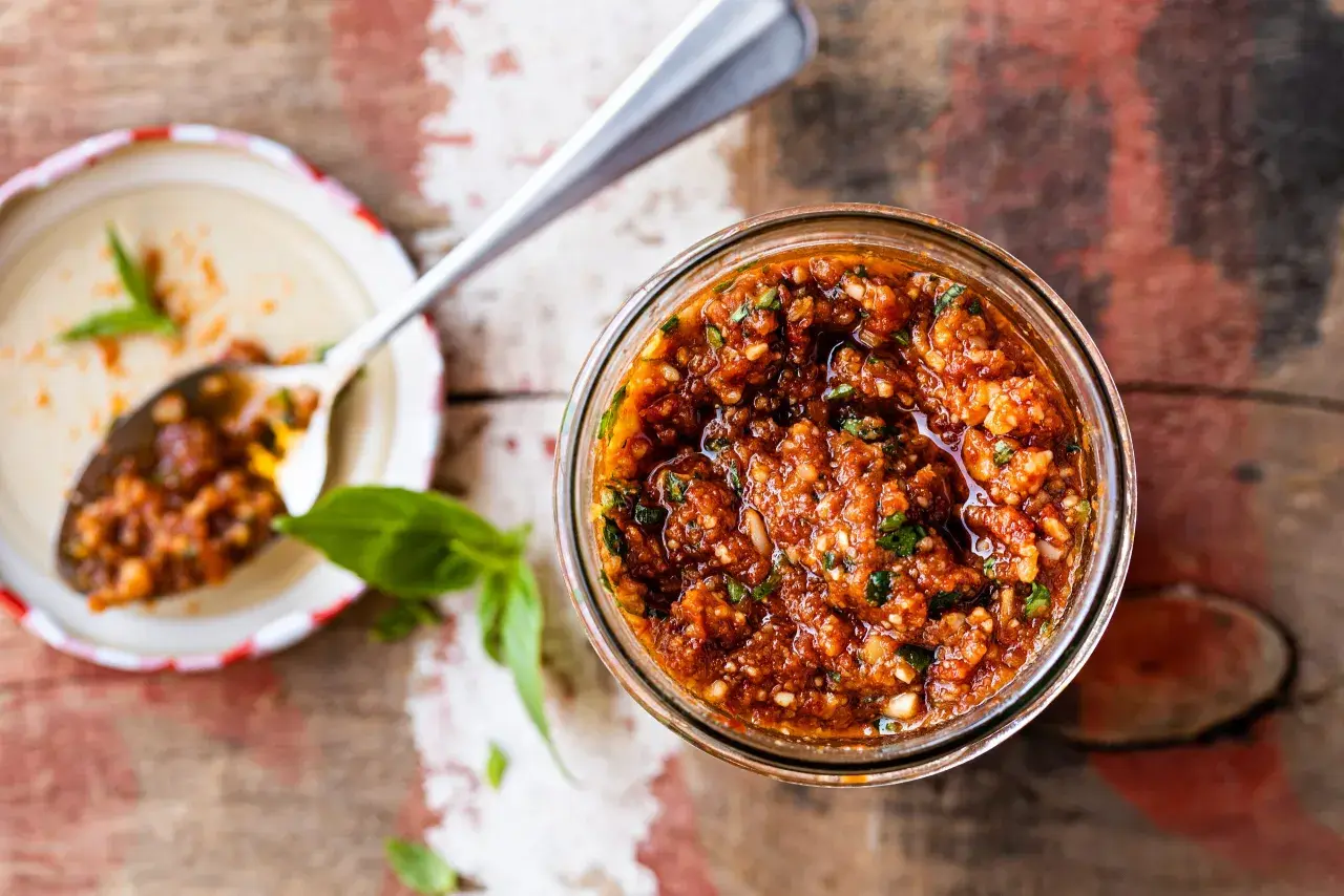 Un pot de pesto rosso, aux tomates séchées et basilic, prêt à être dégusté. Une cuillère en argent en est remplie.