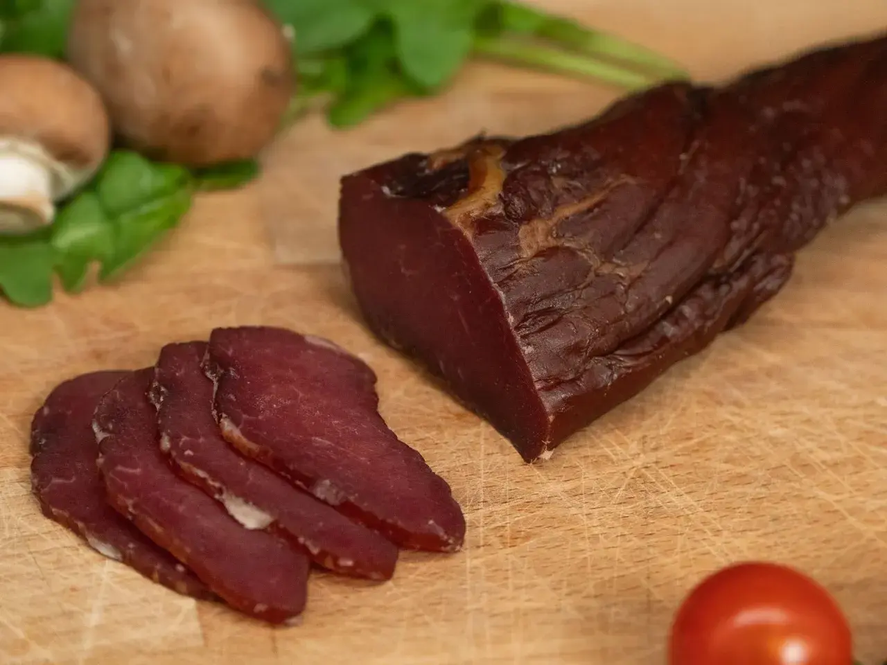 Filet mignon fumé, tranché, prêt pour le temps de fumage. Champignons et tomates en arrière-plan.