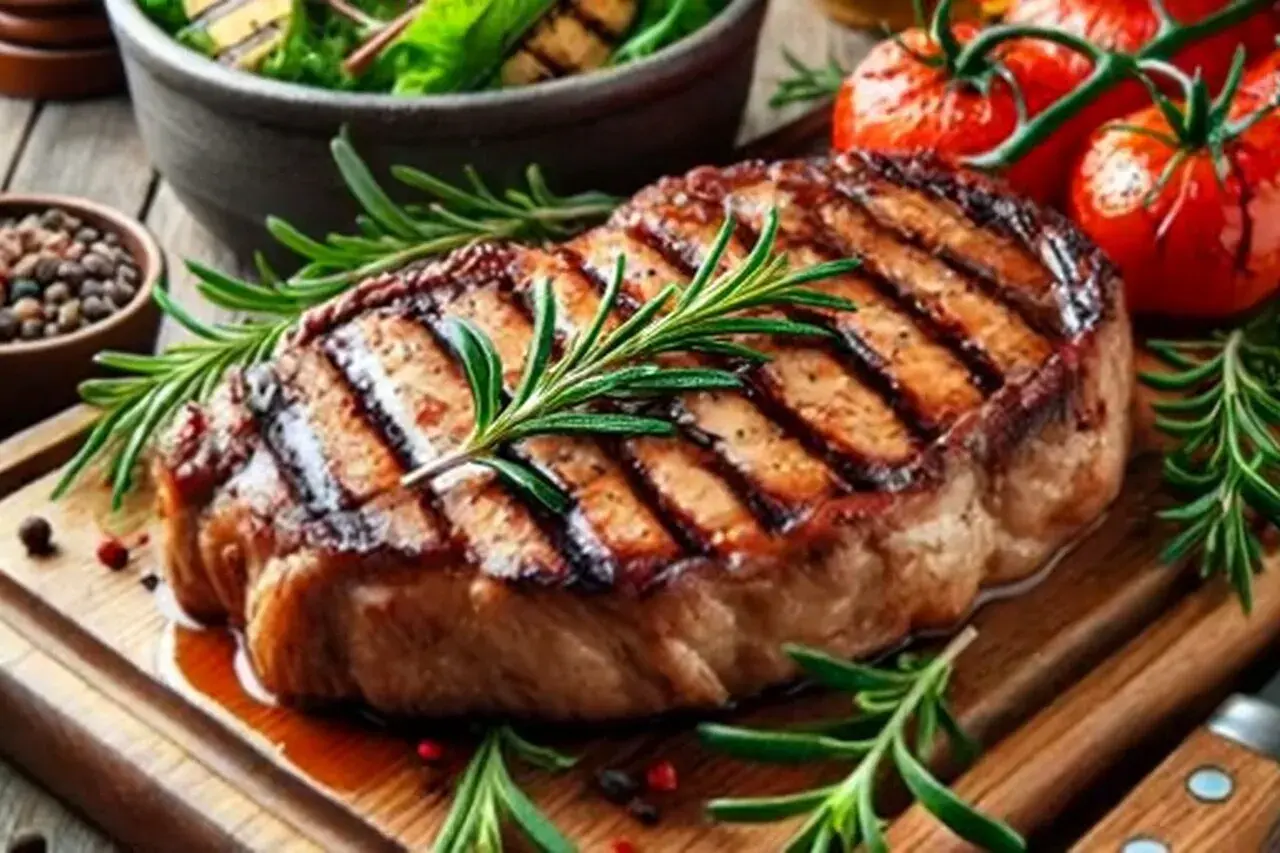 Un savoureux steak grillé, parfait pour une cuisson indirecte au barbecue, garni de romarin frais. Accompagné de tomates et d'une salade verte.