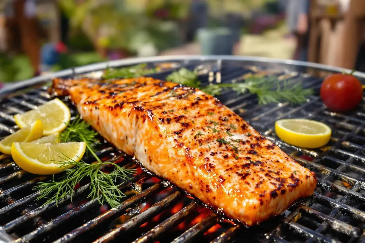 Un magnifique saumon entier au barbecue, grillé à la perfection, avec des quartiers de citron et de l'aneth.